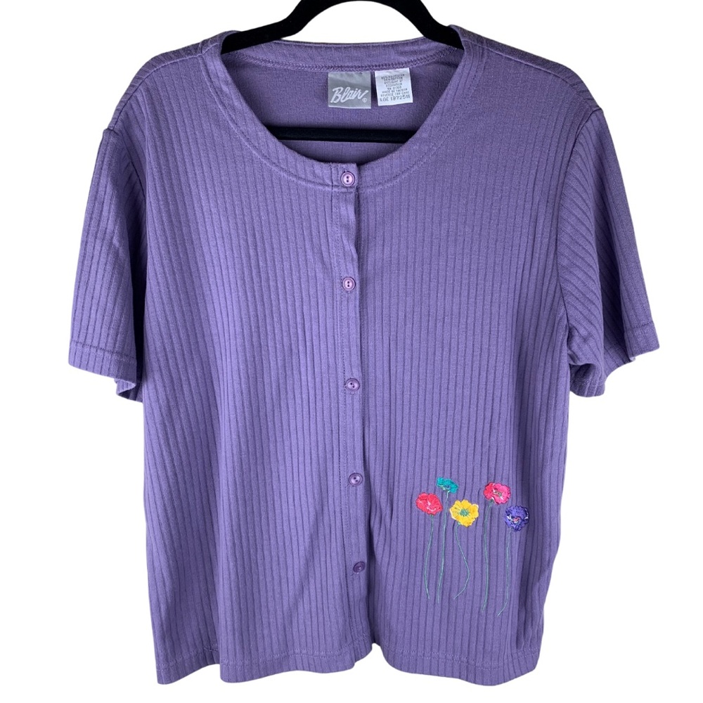 Large Blair Purple ribbed top | Embroidered Flower Accent Easter Blouse | Spring